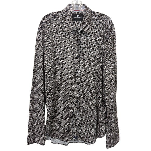 Buttercloth Men XL Button-Up Black Gold Shirt Geometric Chess Print Long Sleeve - Picture 1 of 16